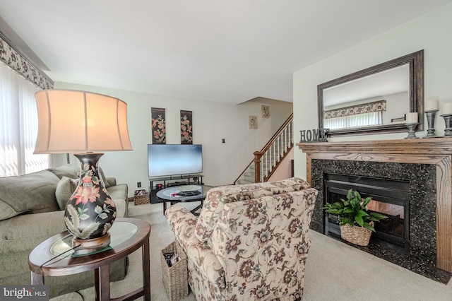 3305 Keswick Way Unit 3305D, West Chester, PA 19382 - living room featuring carpet, a premium fireplace, and stairway