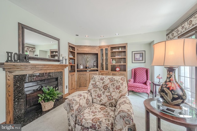 3305 Keswick Way Unit 3305D, West Chester, PA 19382 - living room with light colored carpet, a high end fireplace, healthy amount of natural light, and recessed lighting
