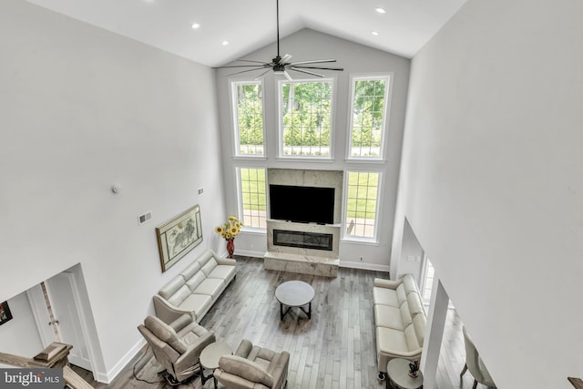 1631 E Strasburg Rd, West Chester, PA 19380 - living room with high vaulted ceiling, ceiling fan, wood finished floors, healthy amount of natural light, and recessed lighting