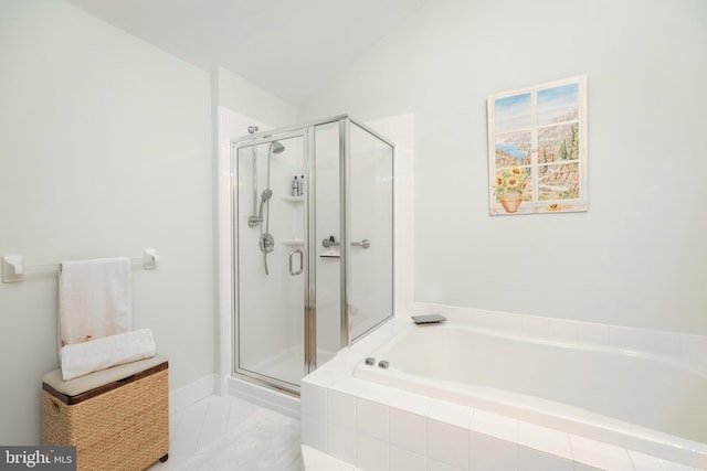 247 Torrey Pine Ct, West Chester, PA 19380 - bathroom with a bath, a shower stall, and lofted ceiling