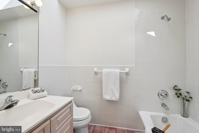 9309 Bells Mill Rd, Potomac, MD 20854 - full bathroom with a bath, vanity, tile walls, and tile patterned floors