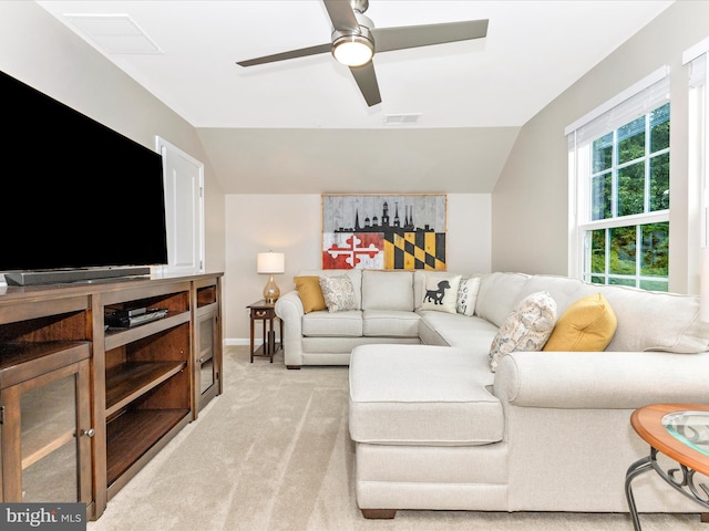 4714 De Invierno, Mount Airy, MD 21771 - living room featuring vaulted ceiling, a ceiling fan, and light colored carpet