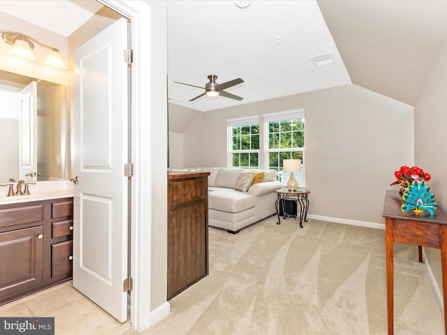 4714 De Invierno, Mount Airy, MD 21771 - living area featuring lofted ceiling, ceiling fan, and light colored carpet