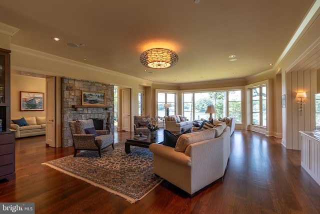 1864 Milvale Rd, Annapolis, MD 21409 - living area with crown molding, a stone fireplace, dark wood-type flooring, and recessed lighting
