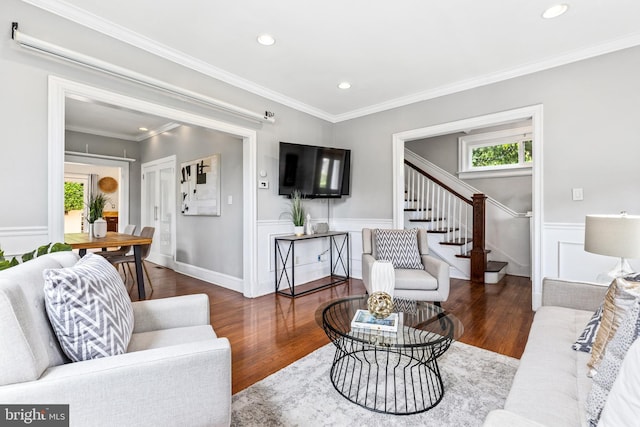 3010 26th St NE, Washington, DC 20018 - living room featuring stairway, wood finished floors, recessed lighting, and crown molding