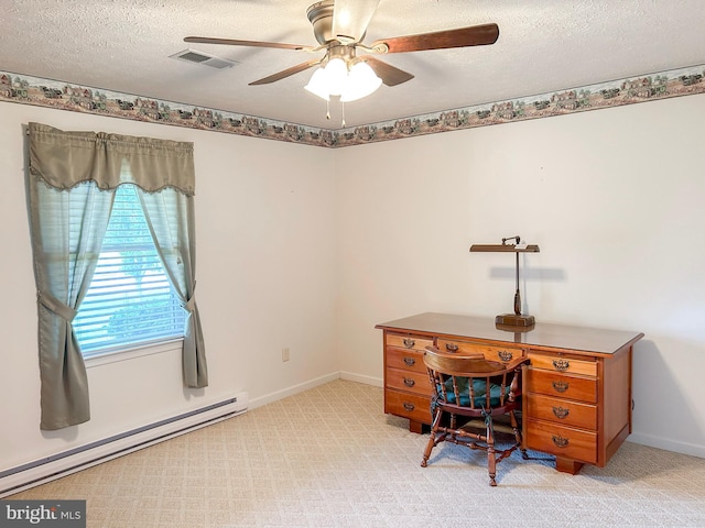 60 Parkwood Dr, Greencastle, PA 17225 - office with a baseboard heating unit, a ceiling fan, a textured ceiling, light carpet, and baseboards