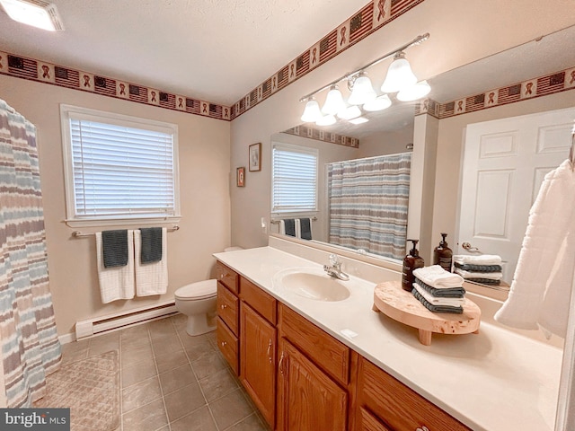 60 Parkwood Dr, Greencastle, PA 17225 - bathroom featuring a baseboard radiator, vanity, toilet, tile patterned flooring, and a shower with curtain