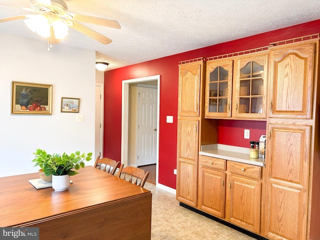 60 Parkwood Dr, Greencastle, PA 17225 - kitchen with glass insert cabinets, light countertops, a ceiling fan, and a textured ceiling