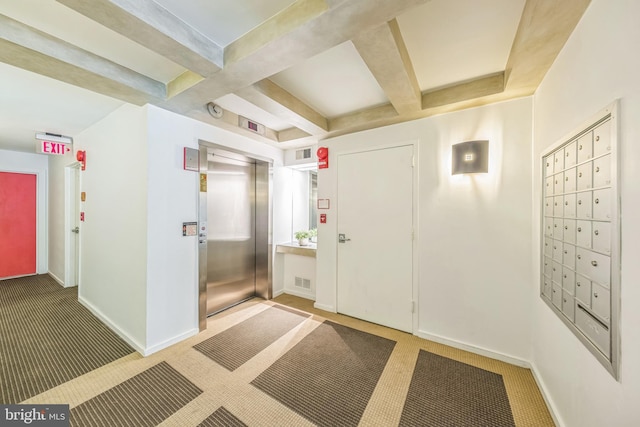 1520 16th St NW Unit 101, Washington, DC 20036 - entrance foyer with elevator, mail area, light colored carpet, beam ceiling, and coffered ceiling