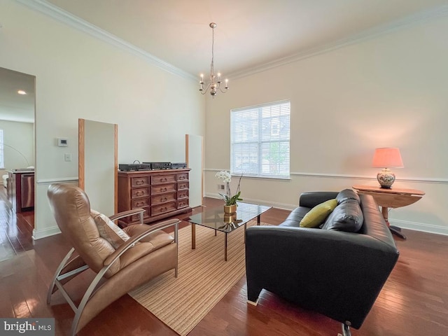 245 Carson Way, Yardley, PA 19067 - living room featuring ornamental molding, wood finished floors, baseboards, and a chandelier