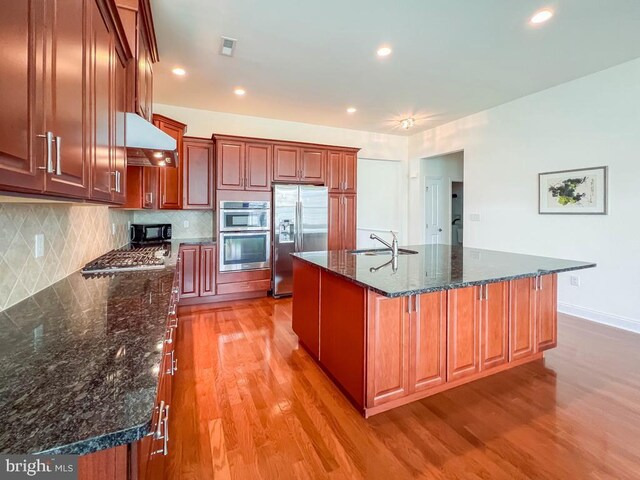 245 Carson Way, Yardley, PA 19067 - kitchen featuring appliances with stainless steel finishes, range hood, a sink, light wood-style flooring, and recessed lighting
