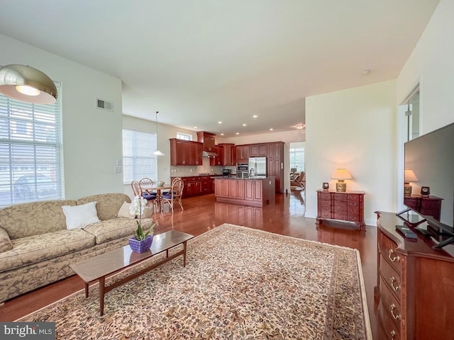 245 Carson Way, Yardley, PA 19067 - living room with dark wood finished floors, healthy amount of natural light, and recessed lighting
