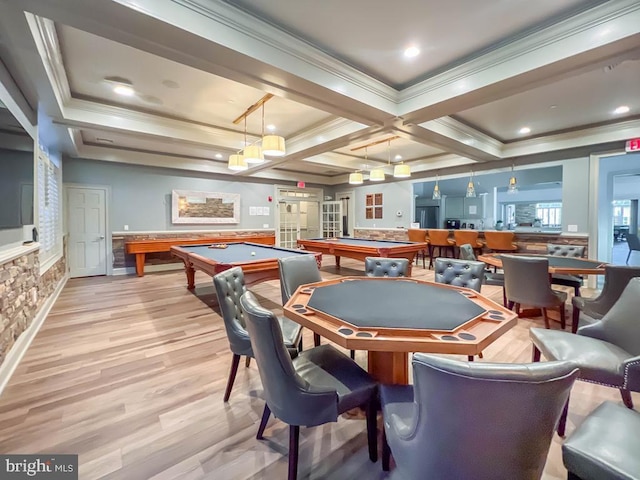 245 Carson Way, Yardley, PA 19067 - playroom with pool table, coffered ceiling, crown molding, light wood-type flooring, and beamed ceiling