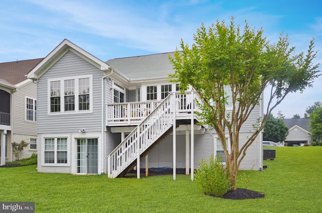 13298 Fieldstone Way, Gainesville, VA 20155 - rear view of house featuring stairs, a wooden deck, a lawn, and central AC unit