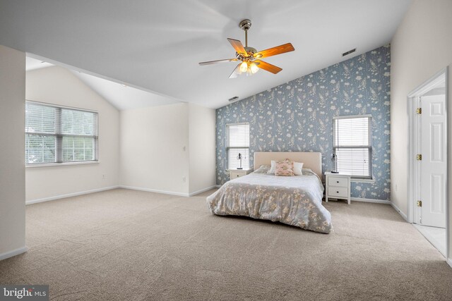 818 Northridge Way, Severna Park, MD 21146 - carpeted bedroom with wallpapered walls, vaulted ceiling, and ceiling fan