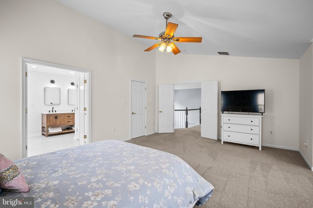 818 Northridge Way, Severna Park, MD 21146 - carpeted bedroom featuring high vaulted ceiling, connected bathroom, and ceiling fan
