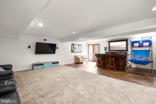 818 Northridge Way, Severna Park, MD 21146 - living area featuring a bar, recessed lighting, tile patterned floors, and carpet flooring