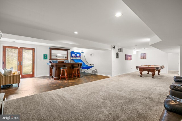 818 Northridge Way, Severna Park, MD 21146 - playroom with billiards table, bar area, recessed lighting, carpet flooring, and tile patterned flooring