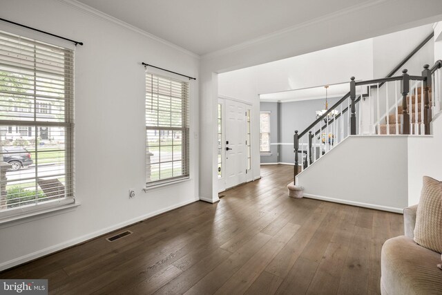 818 Northridge Way, Severna Park, MD 21146 - foyer featuring stairway, ornamental molding, wood finished floors, and a chandelier