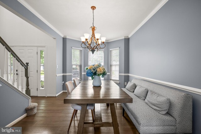 818 Northridge Way, Severna Park, MD 21146 - dining space with a chandelier, stairs, wood finished floors, and ornamental molding