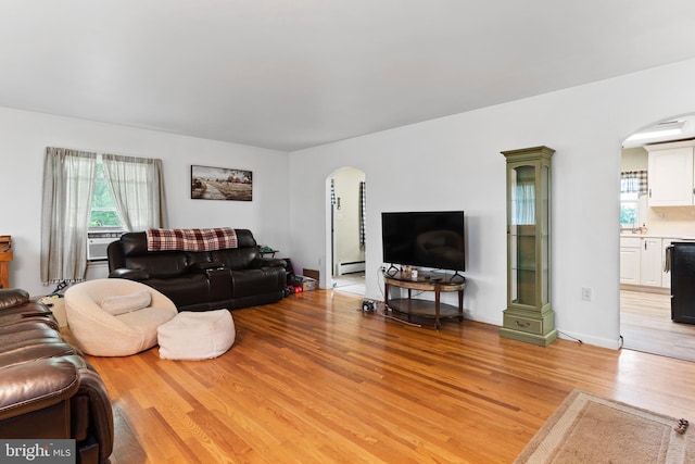 101 Horners Rd, Carlisle, PA 17015 - living room featuring arched walkways, light wood-style flooring, a baseboard radiator, and healthy amount of natural light