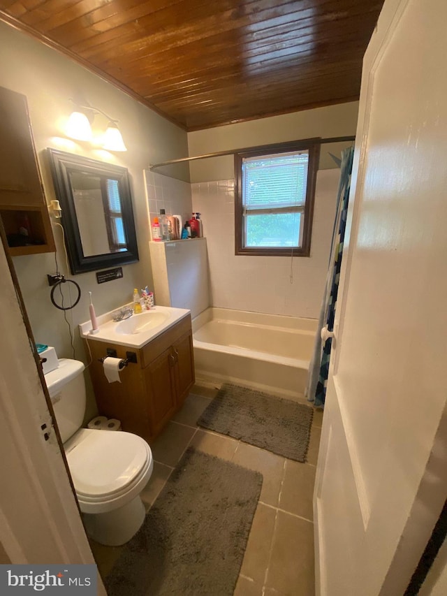 6752 Harding Hwy, Mays Landing, NJ 08330 - full bathroom with wooden ceiling, tile patterned flooring, shower / bath combo with shower curtain, and vanity