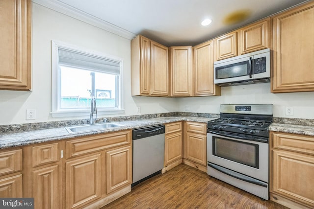 2642 Emery St, Philadelphia, PA 19125 - kitchen featuring appliances with stainless steel finishes, a sink, light brown cabinets, dark wood finished floors, and crown molding