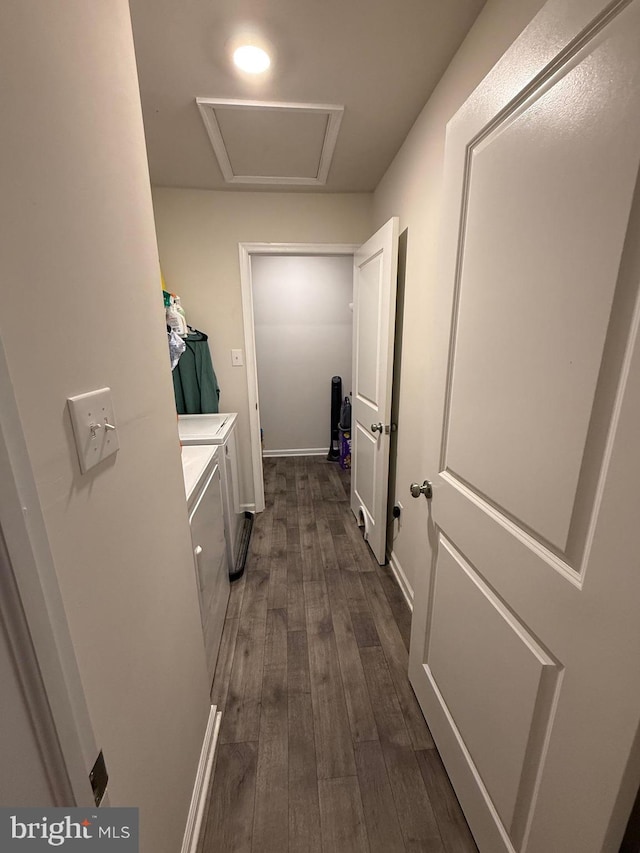 11 Autumn Ln, Egg Harbor Twp, NJ 08234 - corridor featuring independent washer and dryer, dark wood finished floors, and attic access