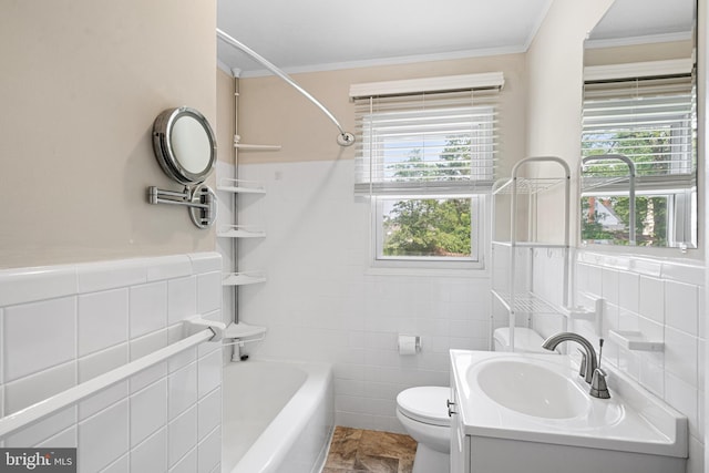 245 Spout Spring Ave, Lumberton, NJ 08048 - bathroom with tile walls, vanity, crown molding, shower / bath combination, and a wainscoted wall