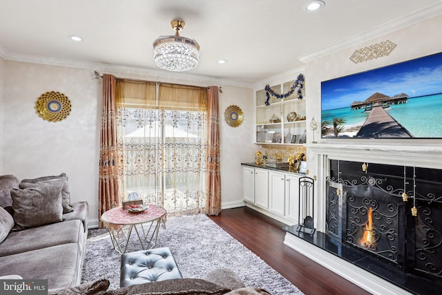 2203 Pyle St, Wilmington, DE 19805 - living room with dark wood-style flooring, ornamental molding, and recessed lighting
