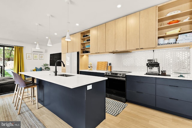 4020 35th St Unit B, Mount Rainier, MD 20712 - kitchen featuring stainless steel range with electric stovetop, open shelves, light brown cabinets, light countertops, and recessed lighting