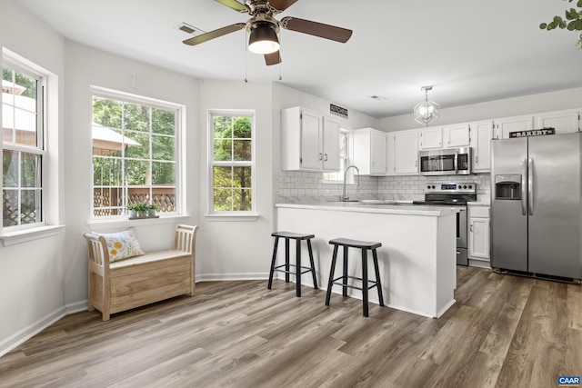 366 Saint Ivy Ave, Troy, VA 22974 - kitchen featuring appliances with stainless steel finishes, wood finished floors, light countertops, a peninsula, and tasteful backsplash
