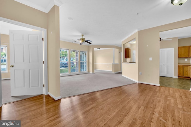 2495 Amber Orchard Ct E Unit 101, Odenton, MD 21113 - unfurnished living room with ceiling fan, baseboards, light wood-style flooring, and crown molding