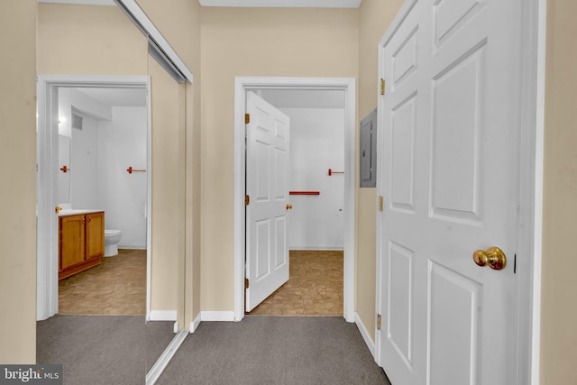 2495 Amber Orchard Ct E Unit 101, Odenton, MD 21113 - hall featuring dark colored carpet, electric panel, and baseboards
