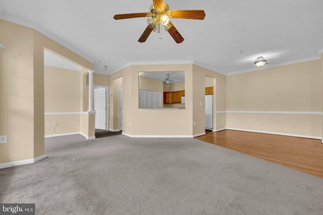 2495 Amber Orchard Ct E Unit 101, Odenton, MD 21113 - unfurnished living room featuring carpet flooring, ceiling fan, ornamental molding, baseboards, and ornate columns