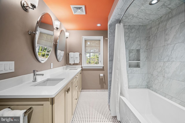 2029 E Buckshutem Rd, Millville, NJ 08332 - full bathroom featuring double vanity, shower / bath combo, baseboards, and recessed lighting