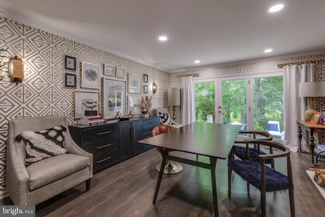 8 Rockland Vue Ct, Towson, MD 21204 - office featuring wallpapered walls, crown molding, dark wood-style flooring, and recessed lighting