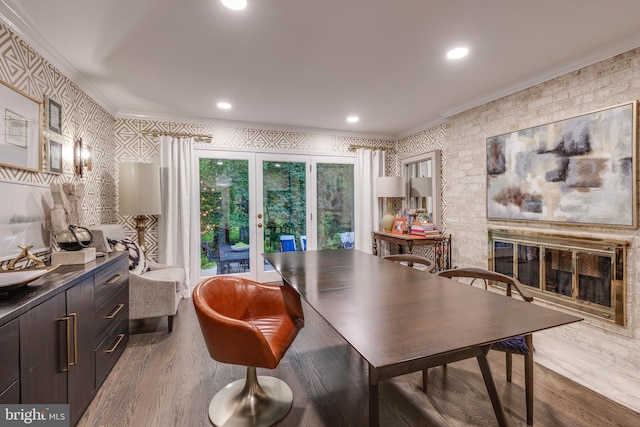 8 Rockland Vue Ct, Towson, MD 21204 - dining room with crown molding, french doors, a fireplace, wood finished floors, and recessed lighting