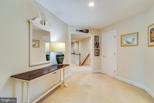 3950 Island Crk, Broomes Island, MD 20615 - hall with an upstairs landing, carpet flooring, and recessed lighting