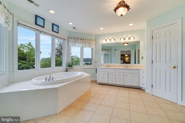 3950 Island Crk, Broomes Island, MD 20615 - full bathroom featuring double vanity, a garden tub, tile patterned flooring, and recessed lighting