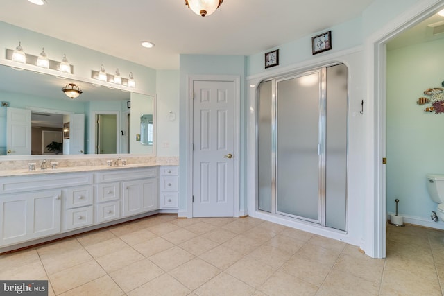 3950 Island Crk, Broomes Island, MD 20615 - full bath featuring double vanity, a shower stall, tile patterned flooring, and recessed lighting