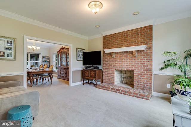 3950 Island Crk, Broomes Island, MD 20615 - carpeted living area featuring ornamental molding, a chandelier, and a fireplace