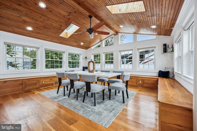 11218 Monticello Ave, Silver Spring, MD 20902 - dining space with a skylight, vaulted ceiling, wooden ceiling, light wood-type flooring, and ceiling fan
