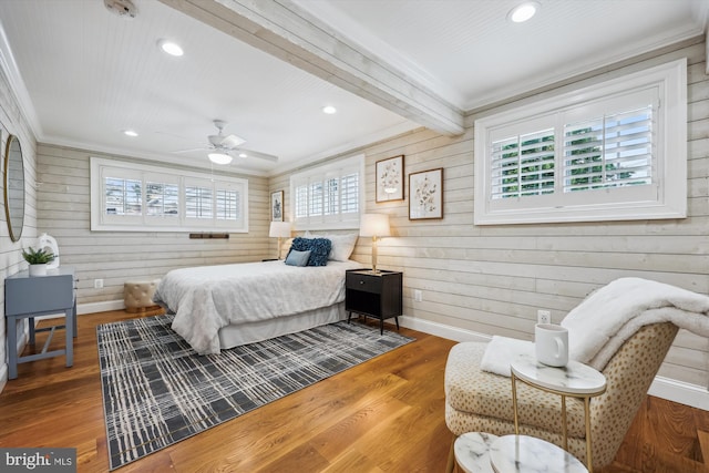 11218 Monticello Ave, Silver Spring, MD 20902 - bedroom featuring wood walls, recessed lighting, crown molding, wood finished floors, and beam ceiling
