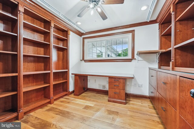 11218 Monticello Ave, Silver Spring, MD 20902 - unfurnished office with crown molding, a ceiling fan, light wood-style flooring, built in study area, and recessed lighting