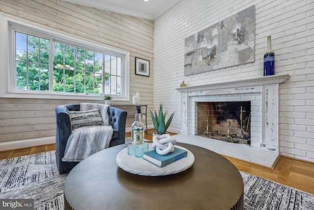 11218 Monticello Ave, Silver Spring, MD 20902 - living area with wood finished floors, crown molding, and a fireplace