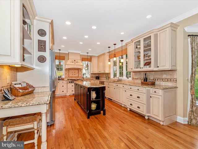 22324 Canterfield Way, Germantown, MD 20876 - kitchen with open shelves, custom range hood, decorative backsplash, ornamental molding, and stainless steel appliances