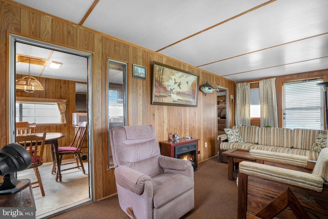 8096 Mire Pond One, Chincoteague Island, VA 23336 - living area with wood walls, plenty of natural light, carpet, and a lit fireplace