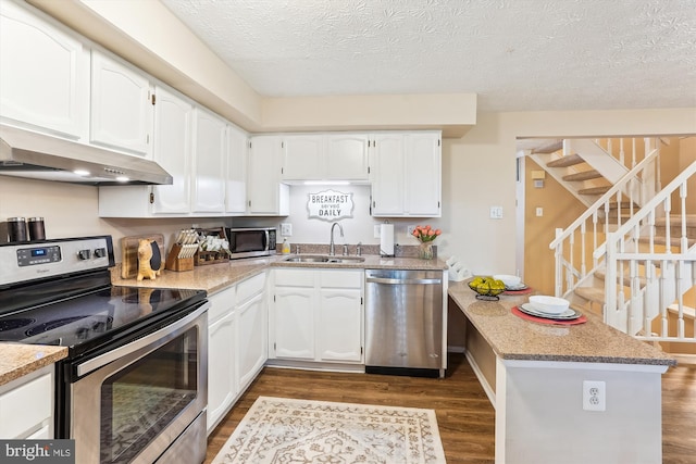 1646 Sierra Woods Dr, Reston, VA 20194 - kitchen featuring stainless steel appliances, a sink, a peninsula, dark wood-type flooring, and under cabinet range hood
