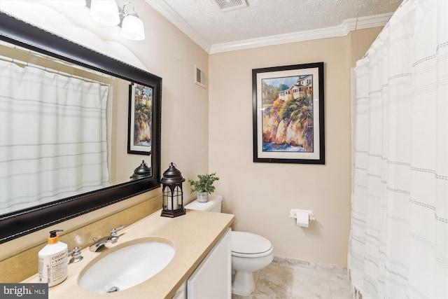 1646 Sierra Woods Dr, Reston, VA 20194 - full bath featuring vanity, toilet, ornamental molding, a textured ceiling, and baseboards